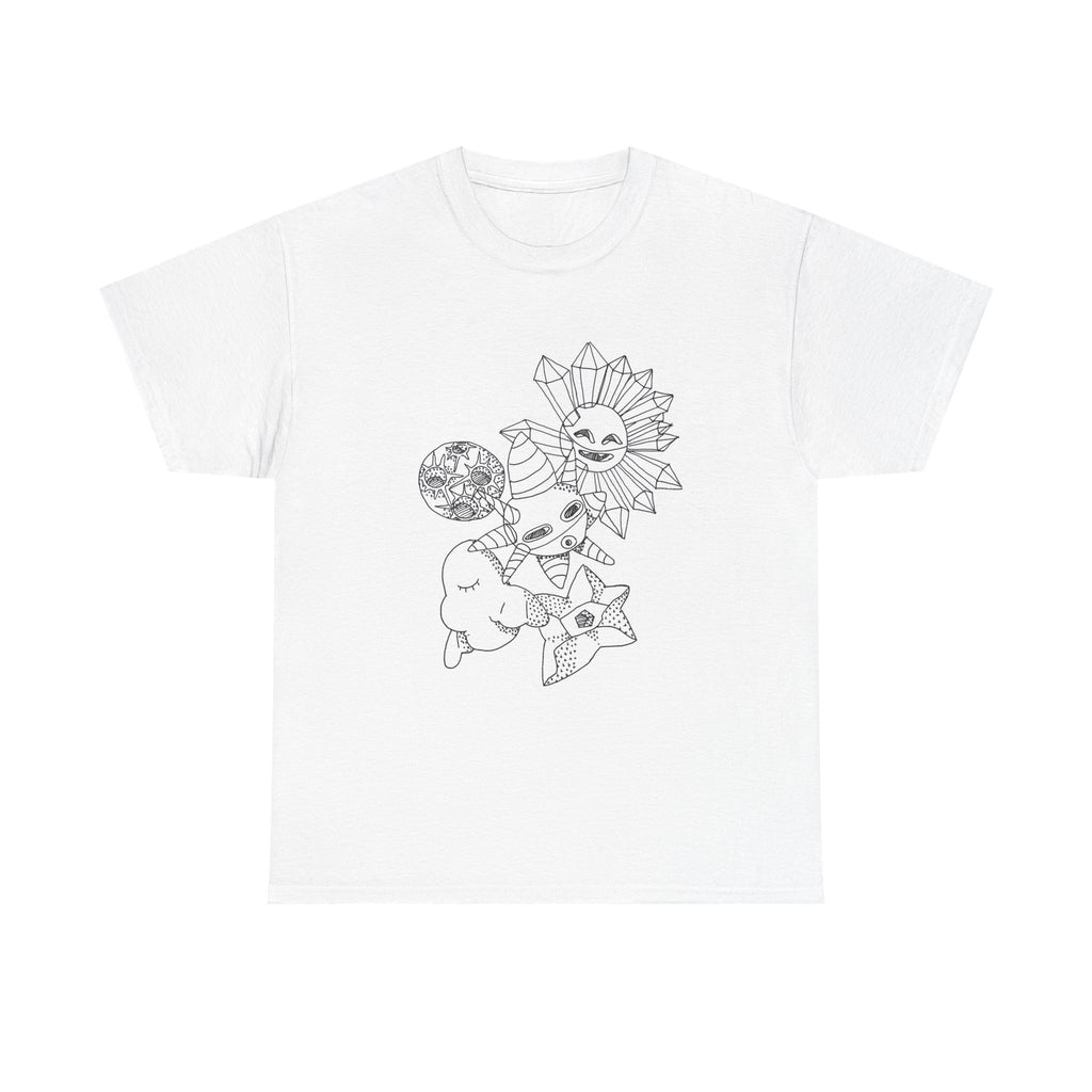 Celestial Doodles Graphic Tee — Sun, Moon & Stars Line Art T-Shirt