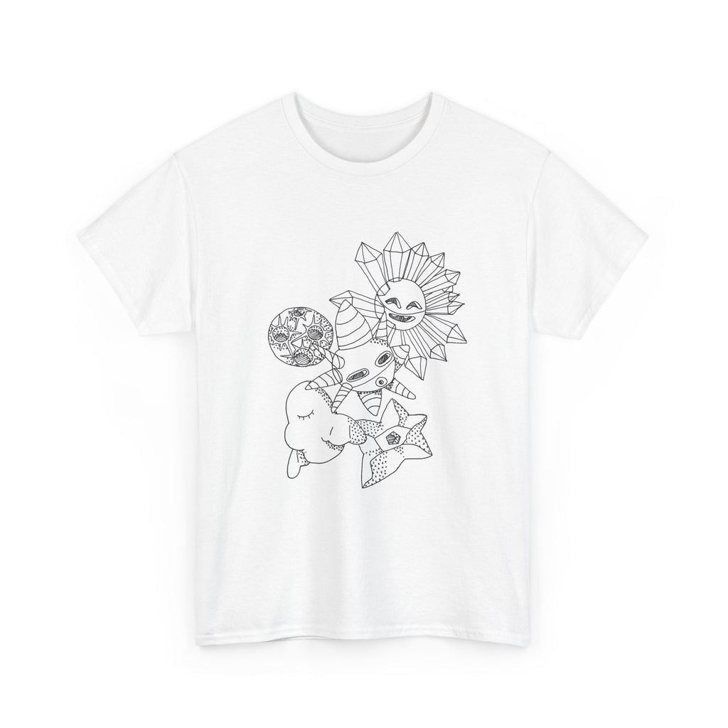 Celestial Doodles Graphic Tee — Sun, Moon & Stars Line Art T-Shirt