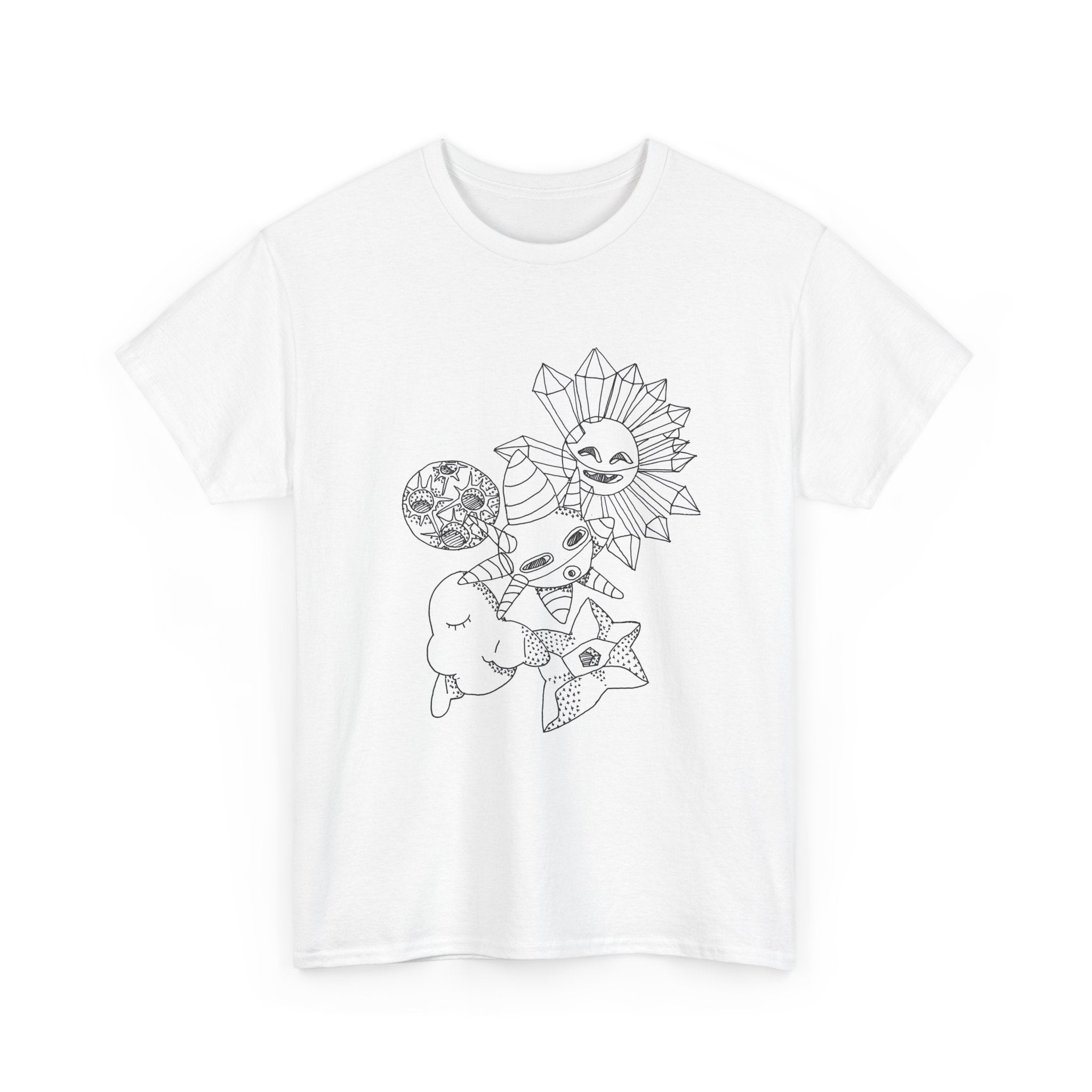 Celestial Doodles Graphic Tee — Sun, Moon & Stars Line Art T-Shirt